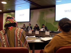 Maria Rita from WILPF Bolivia is presenting our recommendations at the UPR pre-session