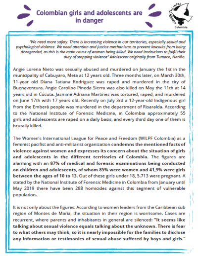 Statement of LIMPAL Colombia on Colombian girls and adolescents in danger