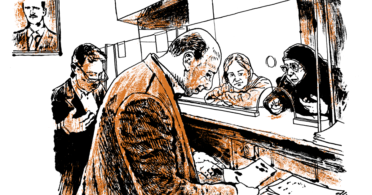 Two women standing at the window of a governmental institution desk