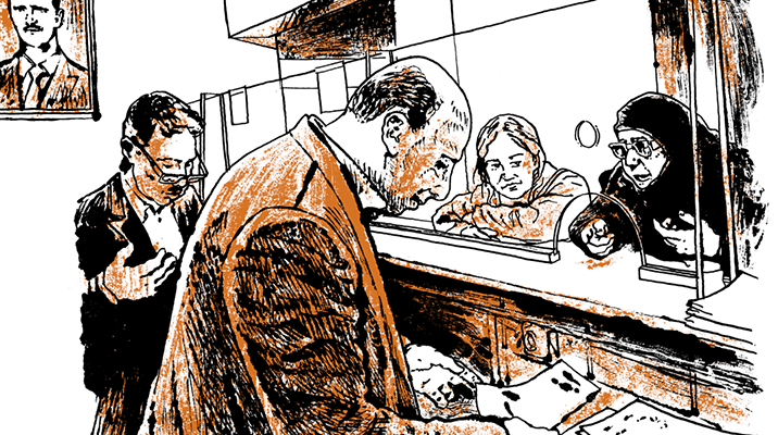 Two women standing at the window of a governmental institution desk