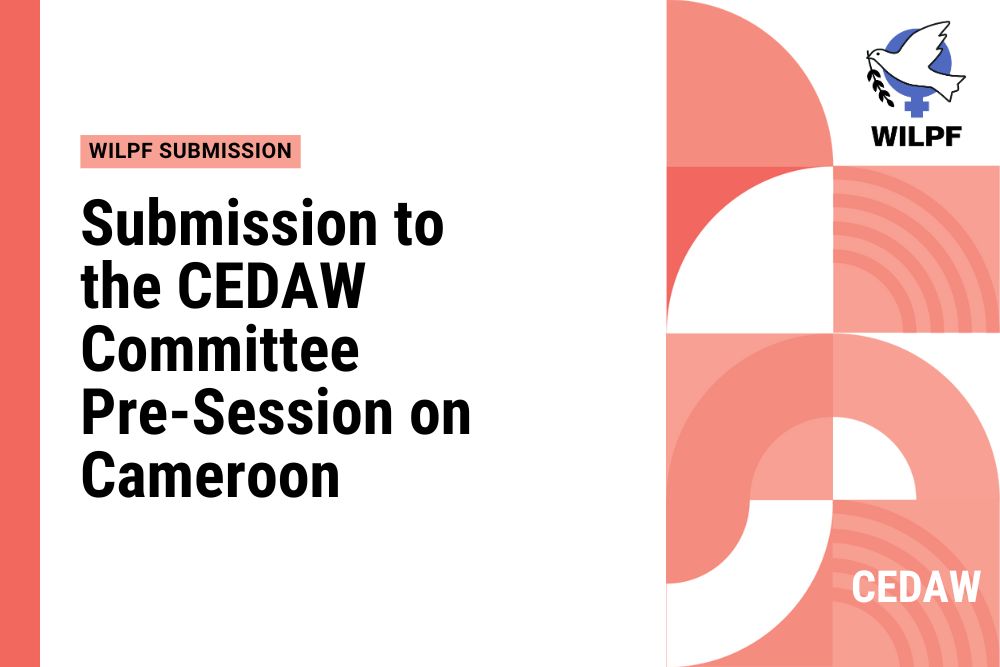 A graphic with the text Submission to the CEDAW Committee Pre-Session on Cameroon. Logos for WILPF and CEDAW are present, with an abstract red and white background design.