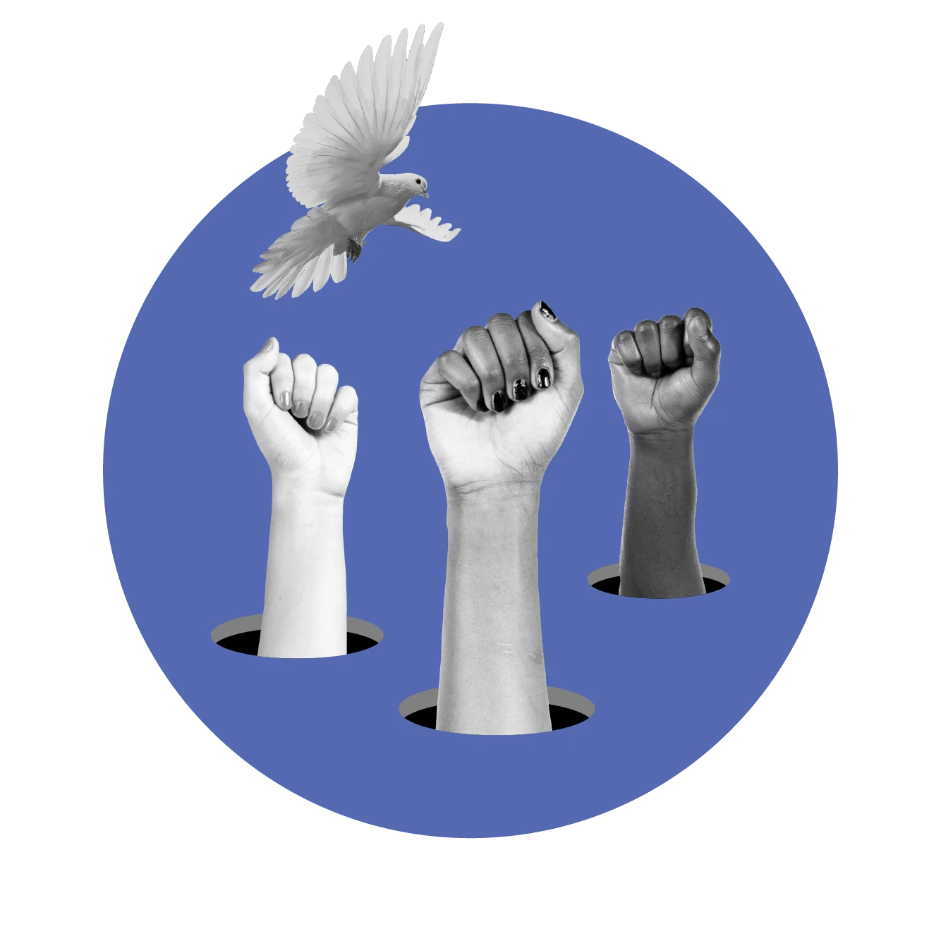 Blue circle with three fists to the air, white dove in air