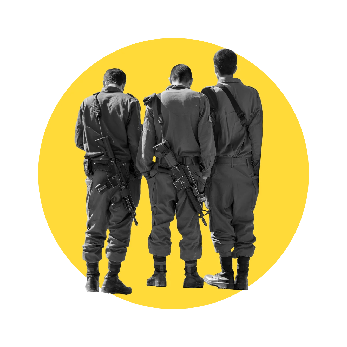Yellow circle with the backs of three soldiers