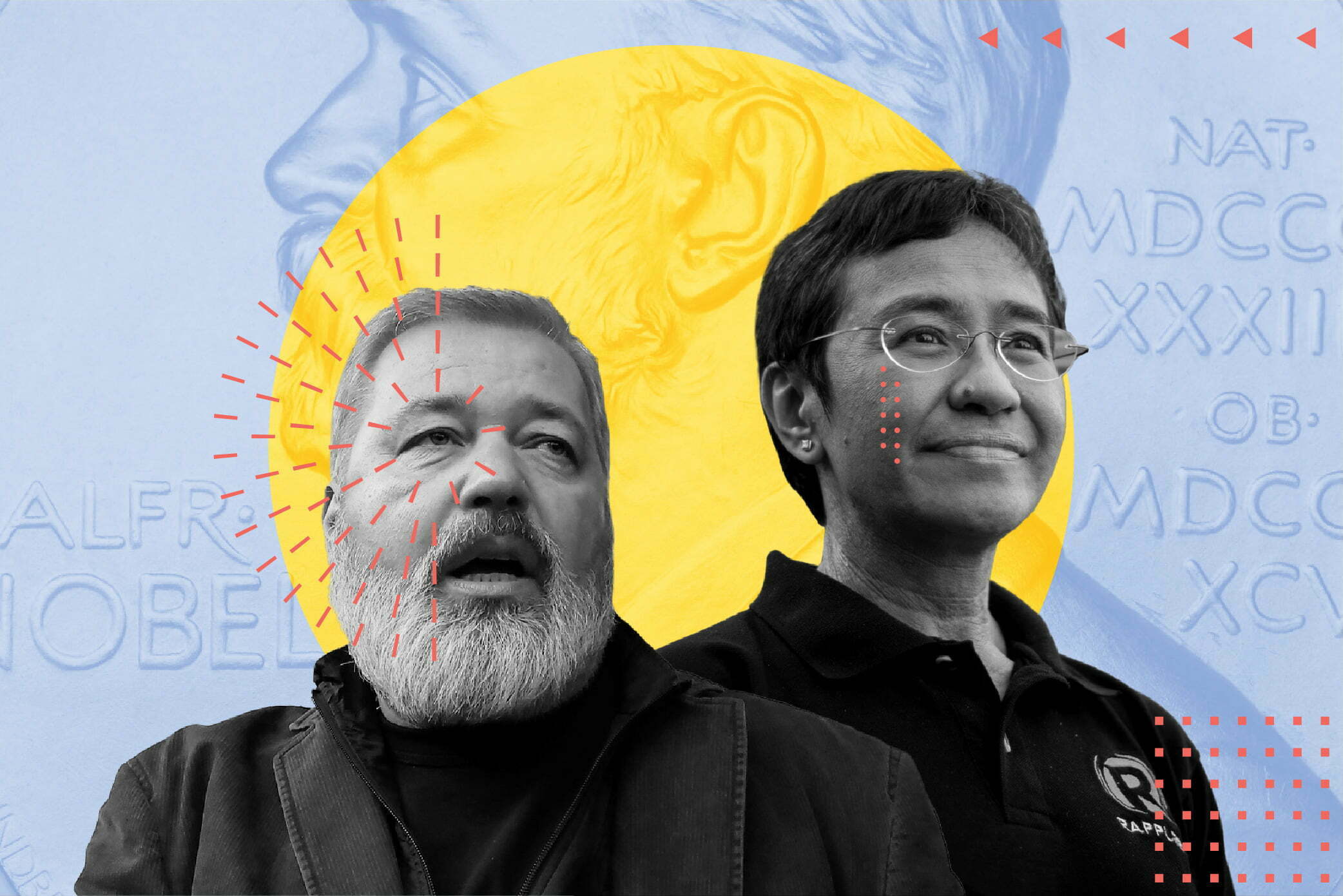 Dmitry Muratov (Left) and Maria Ressa (Right) on a yellow circle. Blue Background with Alfred Nobel