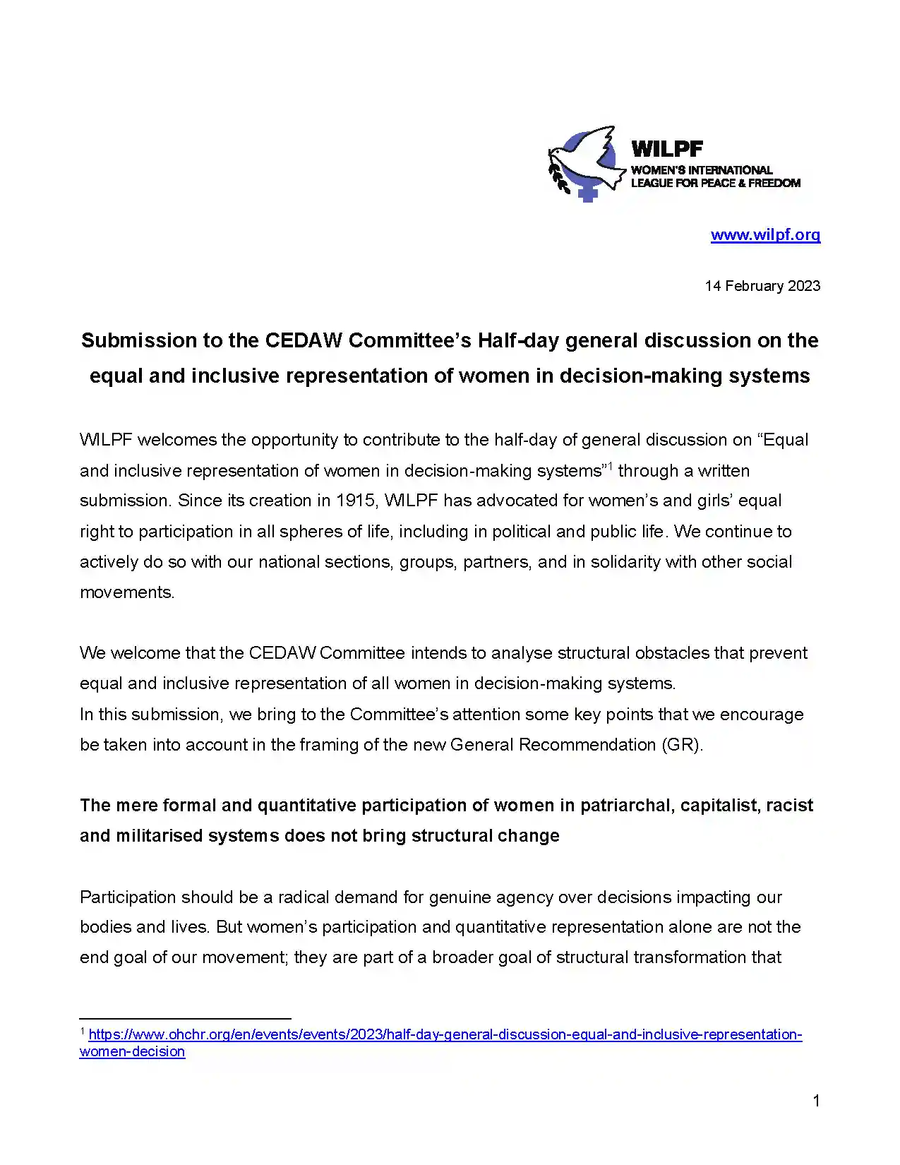 A document from WILPF titled Submission to the CEDAW Committee’s Half-day general discussion on the equal and inclusive representation of women in decision-making systems, dated 14 February 2023, with the WILPF logo at the top.