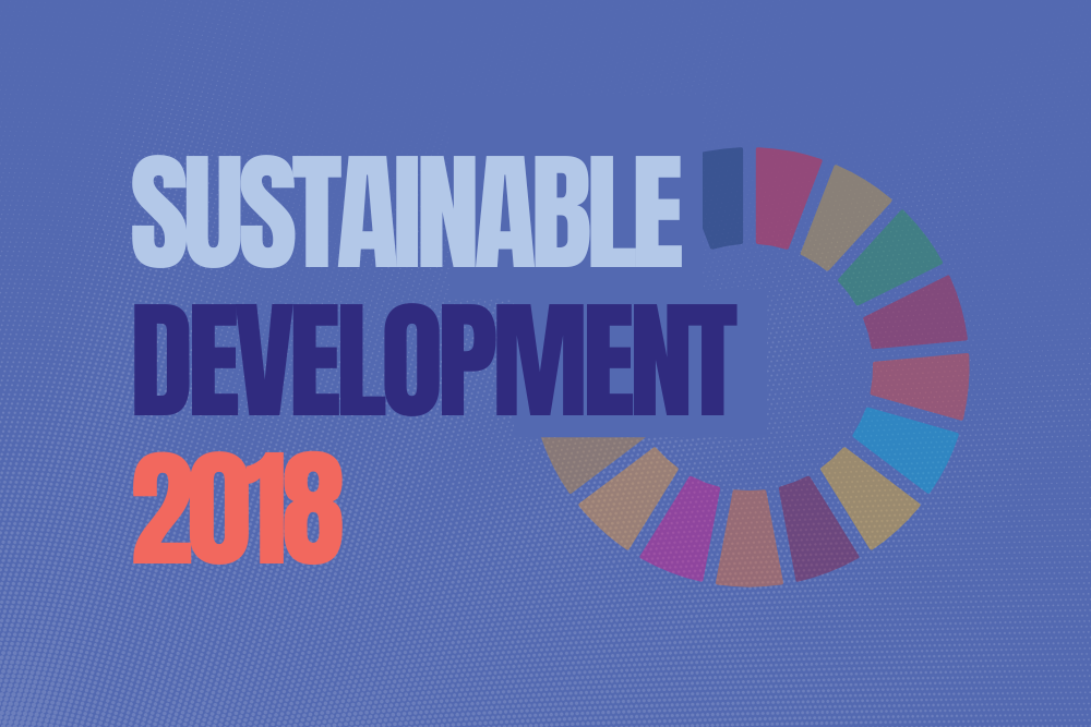 Text reading Sustainable Development 2018 with a colorful circular design resembling a pie chart on a blue background.