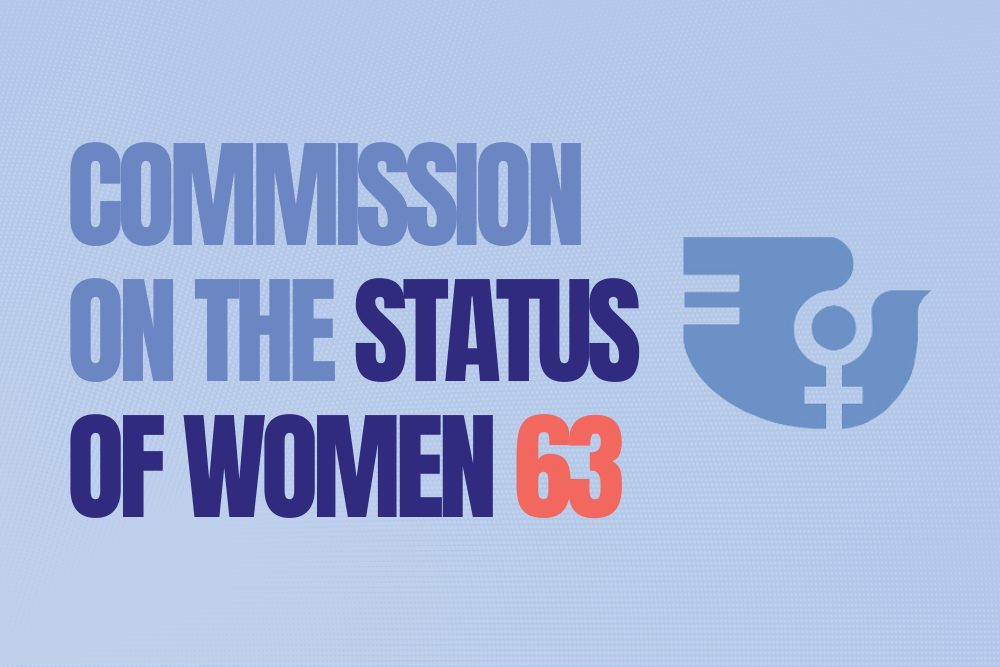 Text reading Commission on the Status of Women 63 with a stylized symbol of a dove featuring the female gender symbol. The text is in varying shades of blue and coral on a light blue background.