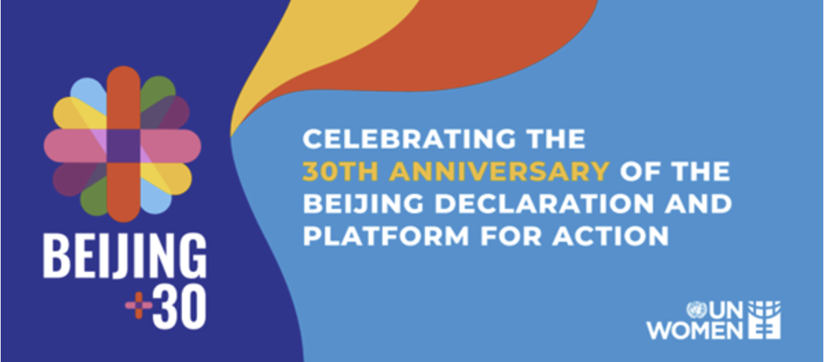 Text reads: Celebrating the 30th Anniversary of the Beijing Declaration and Platform for Action. Features a colorful flower-like design and UN Women logo.