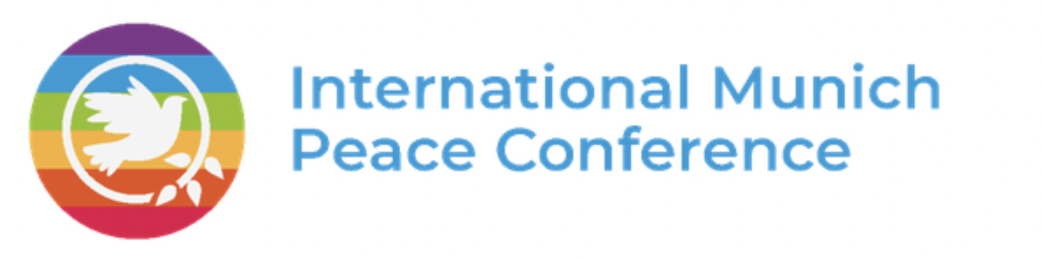 Logo of the International Munich Peace Conference. Features a white dove carrying olive branches within a rainbow circle, alongside the conference name in blue text.
