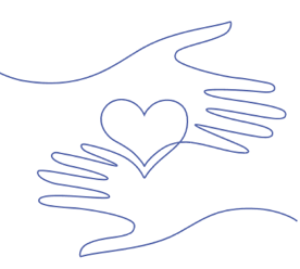 A simple line drawing of two open hands holding a heart shape, with abstract flowing lines suggesting care and support.