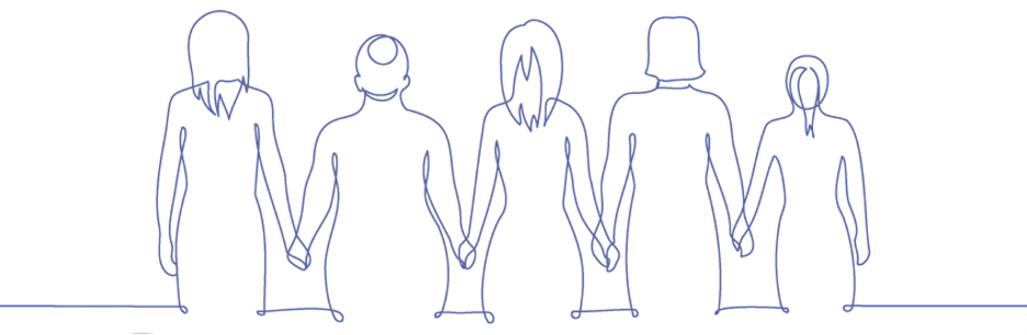 A line drawing of five people standing side by side, holding hands, viewed from behind.