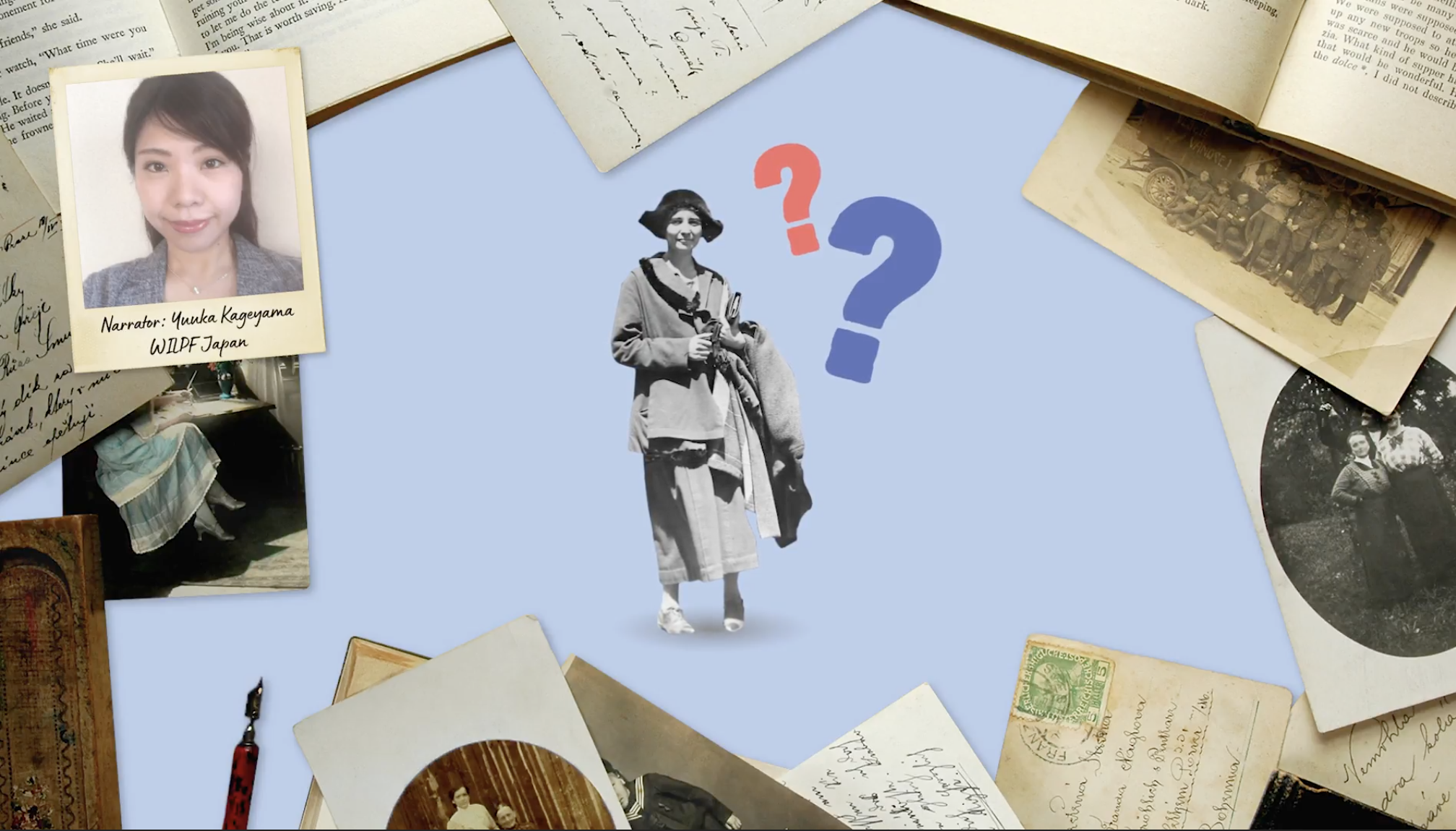 A black-and-white photo of a woman stands in the center with question marks above her head. Surrounding her are vintage photos, documents, books, and a narrator’s portrait labeled “Haruka Kurosawa, NHK Japan.”.
