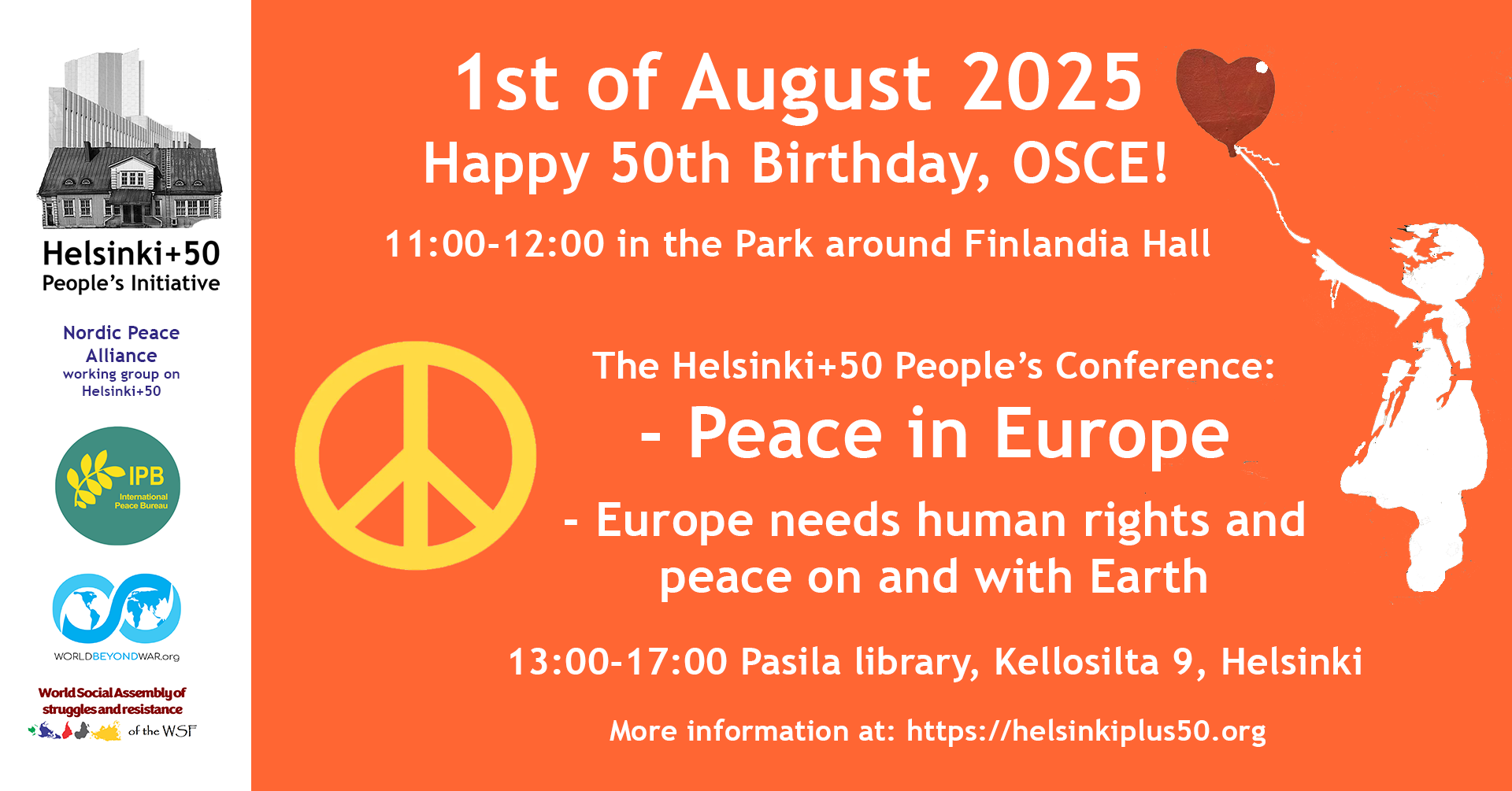 Event flyer for OSCE’s 50th birthday on August 1, 2025. Includes peace sign, event times at Finlandia Hall and Pasila library, and mentions human rights and earth. Logos and Helsinki city sketch appear on left.