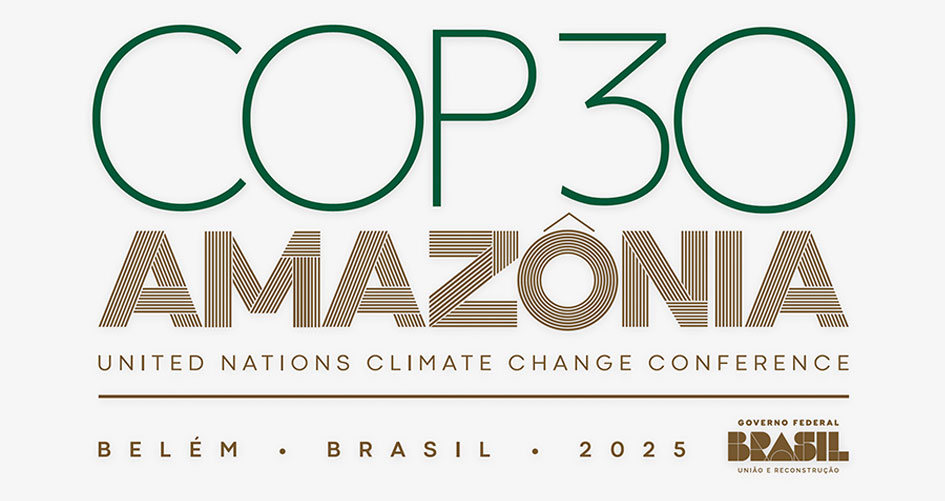 COP30 Amazônia logo with text: United Nations Climate Change Conference, Belém – Brasil – 2025, and the Brazilian government logo at the bottom right. The design features bold green and brown fonts.