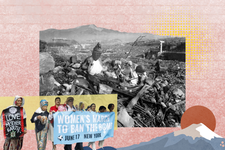 A collage featuring women searching through post-war rubble, a group holding a “Women’s March to Ban the Bomb” banner, a “Love Mother Earth!” sign, and stylized graphics of the sun and a mountain.