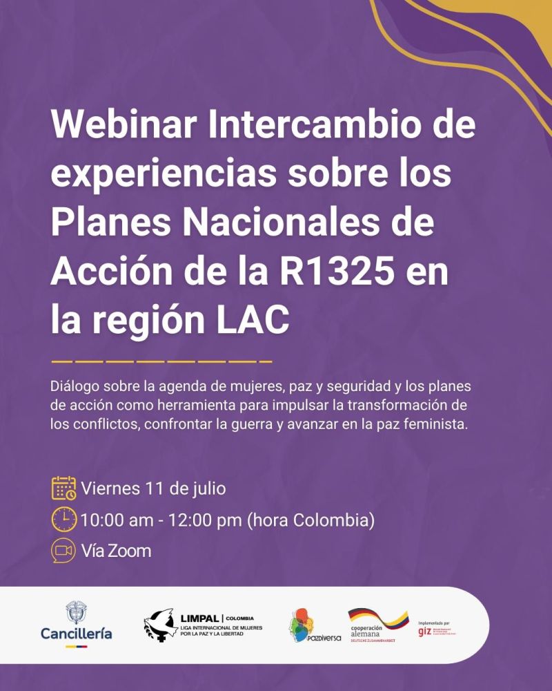 Purple flyer announcing a webinar on exchanging experiences about National Action Plans of Resolution 1325 in Latin America and the Caribbean, with event details, logos, and a calendar icon at the bottom.