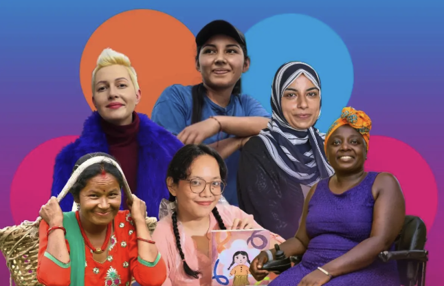Six diverse women, representing various backgrounds and abilities, are smiling together against a vibrant background with blue, pink, orange, and purple overlapping circles.
