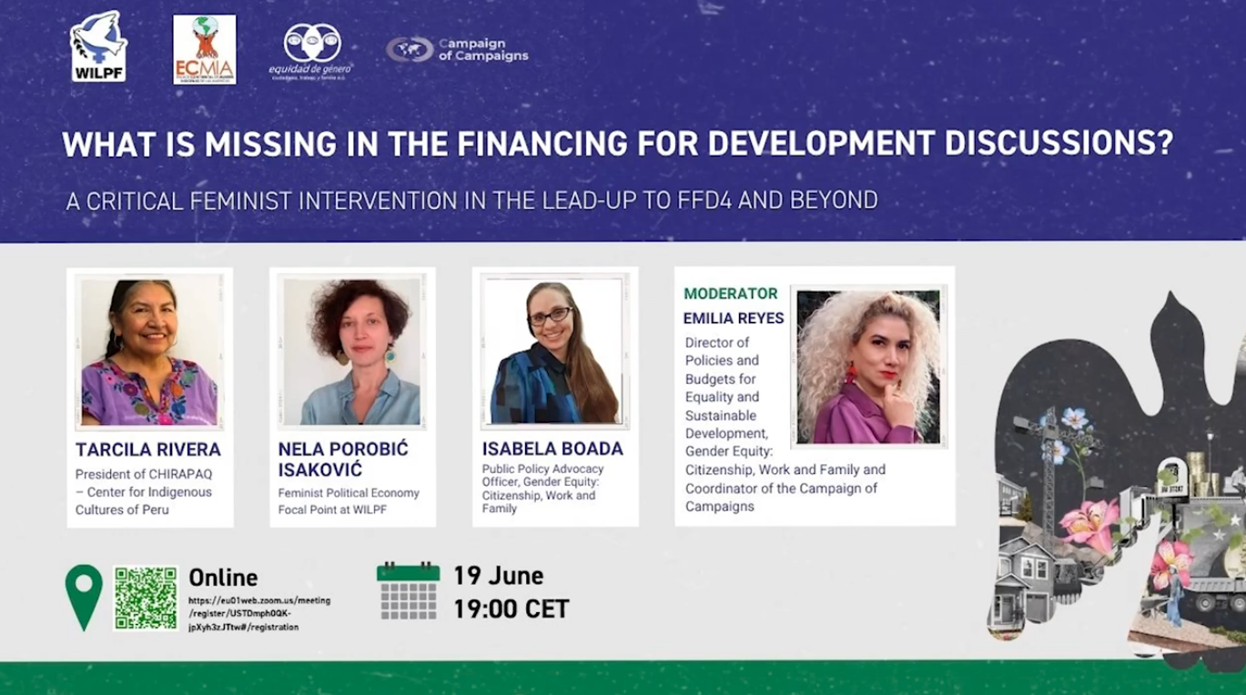 Promotional banner for an online event titled What is Missing in the Financing for Development Discussions? with headshots and bios of speakers and the moderator, scheduled for 19 June at 19:00 CET. Logos appear at the top.