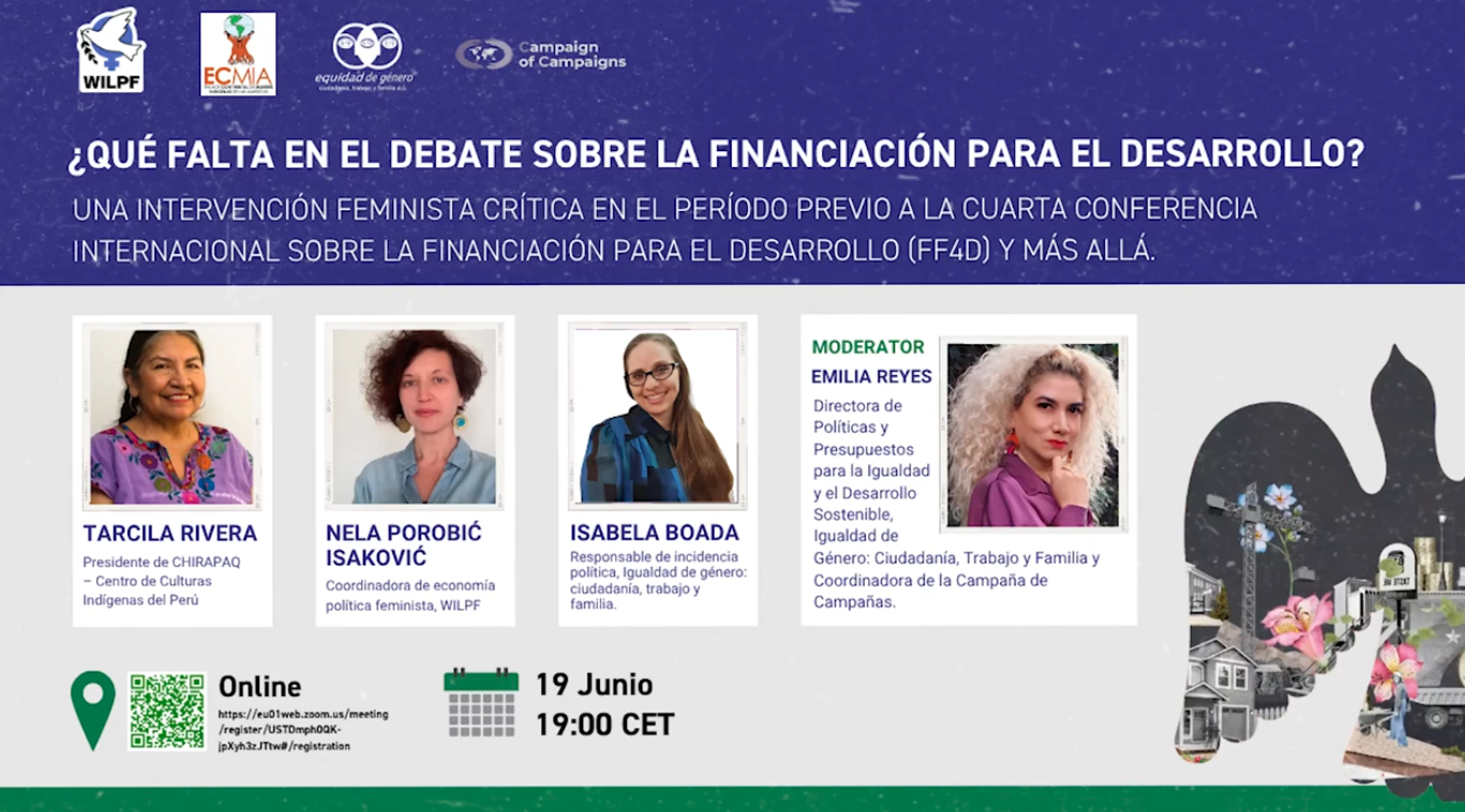Promotional banner for an online event about feminist perspectives on development financing. Features photos of four women speakers, event details (19 June, 19:00 CET), and various organizational logos on a purple background.