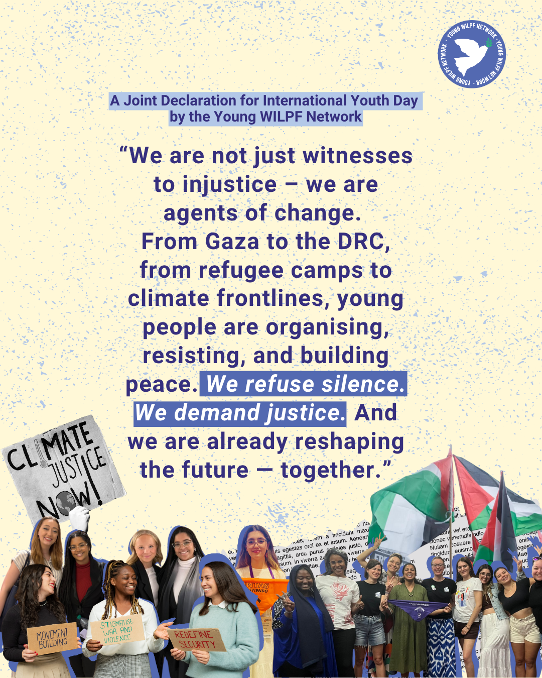 A poster for International Youth Day features a declaration about youth activism, with images of diverse young people holding signs, flags, and smiling. The text highlights youth demanding justice and refusing silence worldwide.