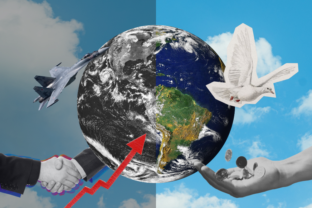 A split image of Earth shows a jet and handshake with a red arrow on one side, and a dove with coins dropping into a hand on the other, symbolizing conflict and peace.