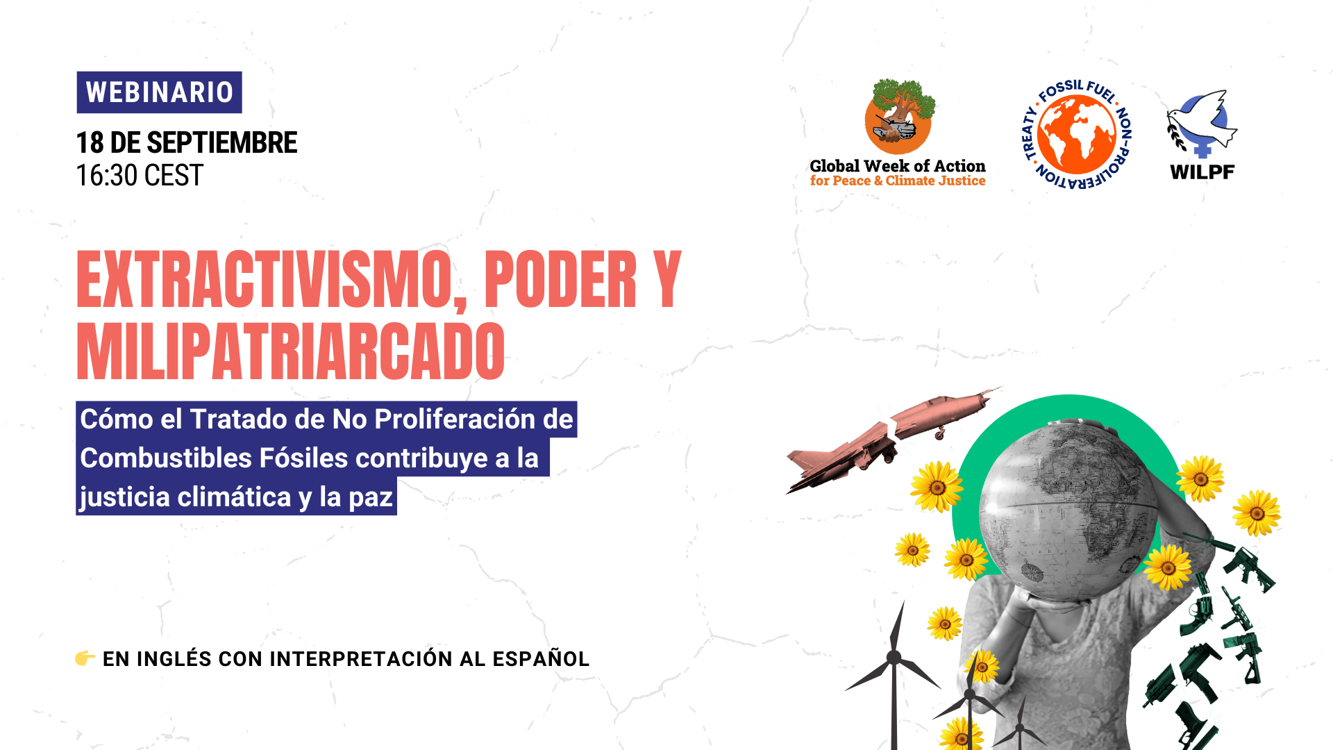 A poster with a globe and a plane and windmills.