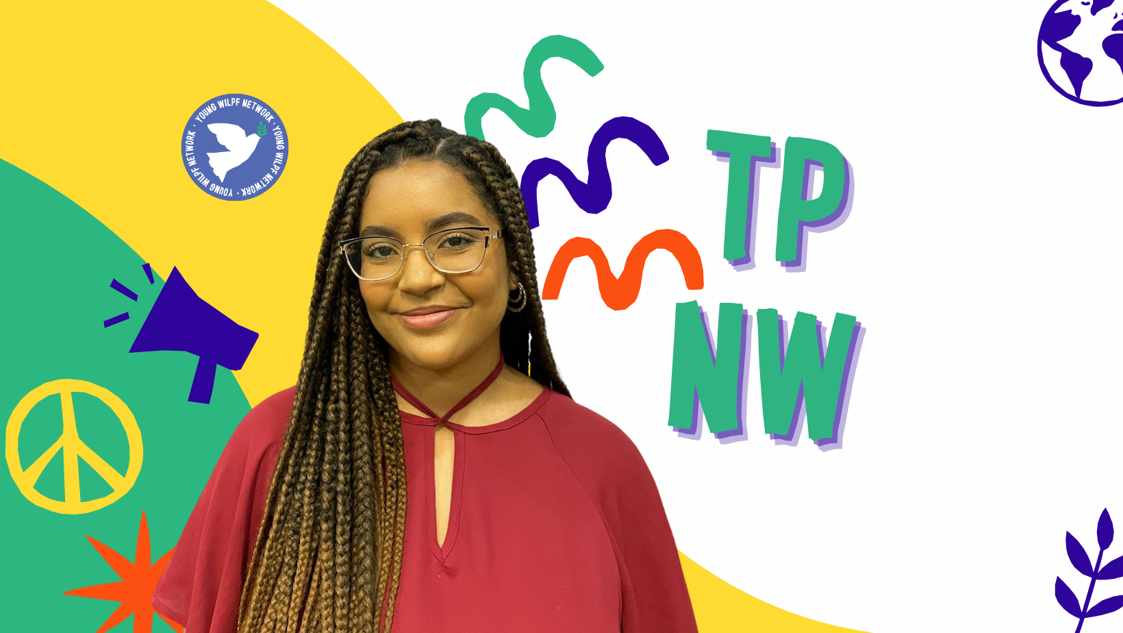 A woman with long braids and glasses, wearing a red top, stands in front of a colorful background decorated with peace and earth symbols, a megaphone, and the letters TP NW in playful fonts.