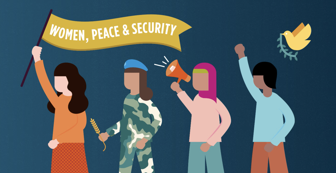 Illustration of four diverse women, one holding a Women, Peace & Security banner, another in military uniform holding an olive branch, one with a megaphone, and another raising a fist, with a dove carrying an olive branch above.
