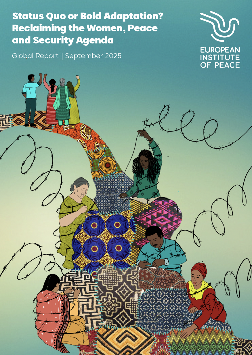 Illustration of diverse women weaving and repairing a colorful tapestry-like bridge across barbed wire, symbolizing peace and unity. Text reads: Status Quo or Bold Adaptation? Reclaiming the Women, Peace and Security Agenda.