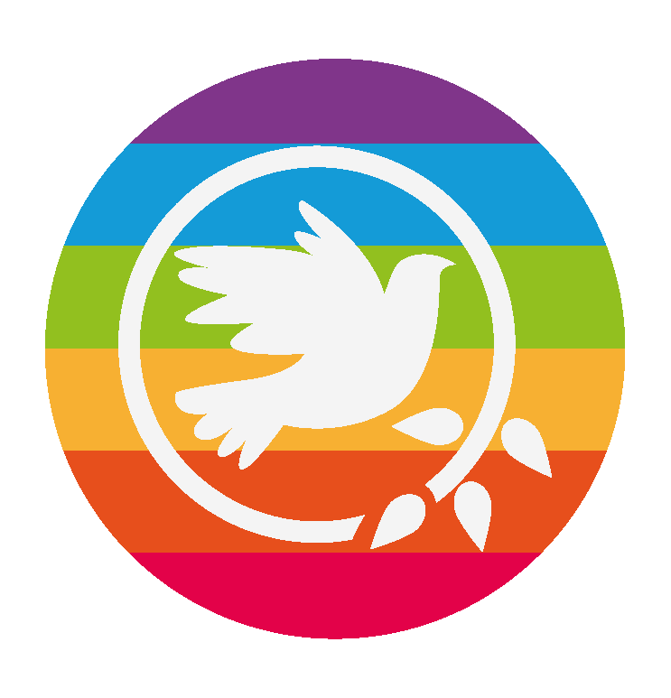 A white dove carrying an olive branch is centered in a circle with horizontal rainbow-colored stripes in the background, symbolizing peace and inclusivity.