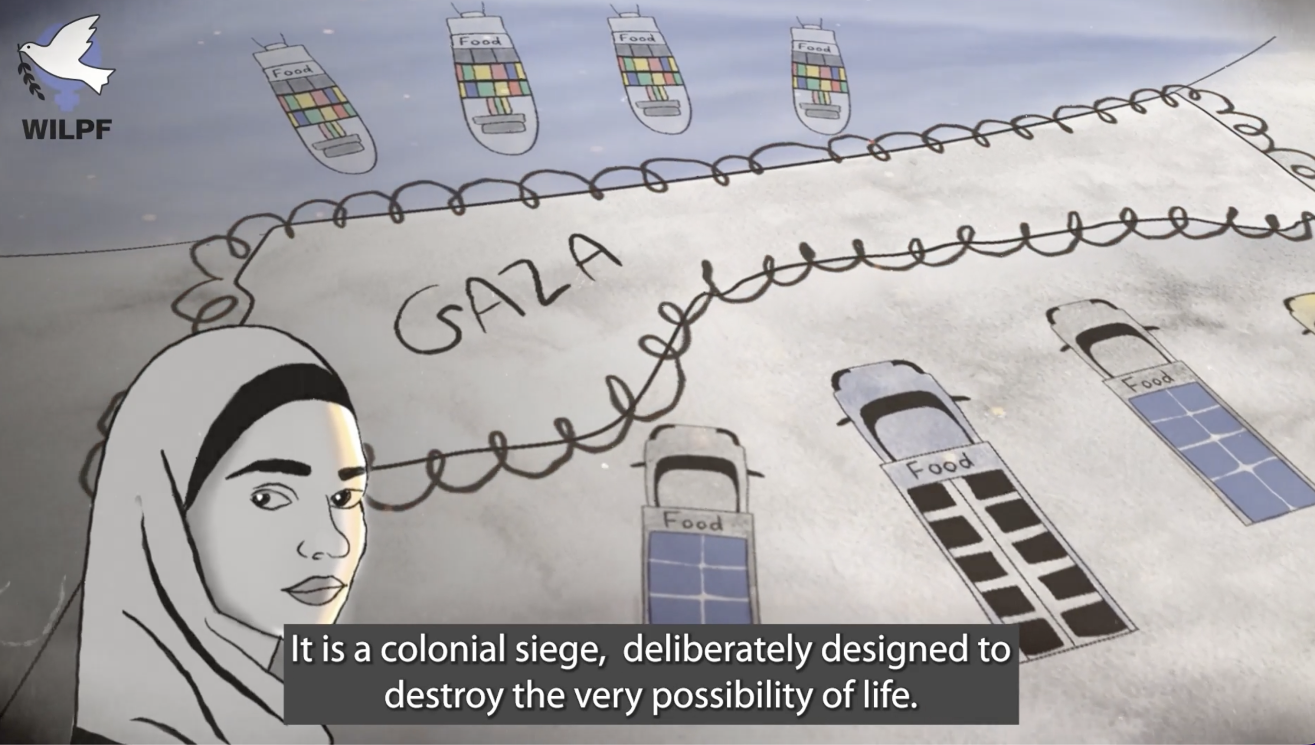 An illustrated image shows a woman in a hijab, trucks labeled Food blocked by a barrier labeled GAZA, with colored charts on the trucks. Subtitles read: It is a colonial siege, deliberately designed to destroy the very possibility of life.