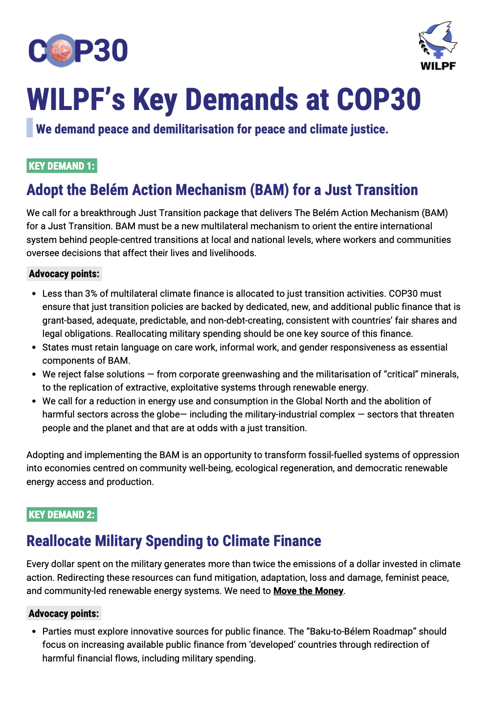 A flyer titled WILPFs Key Demands at COP30 outlines two key demands: adopting a Just Transition financial mechanism (BAM) for a fair shift from fossil fuels, and ending climate finance for military spending, with bullet points under each demand.