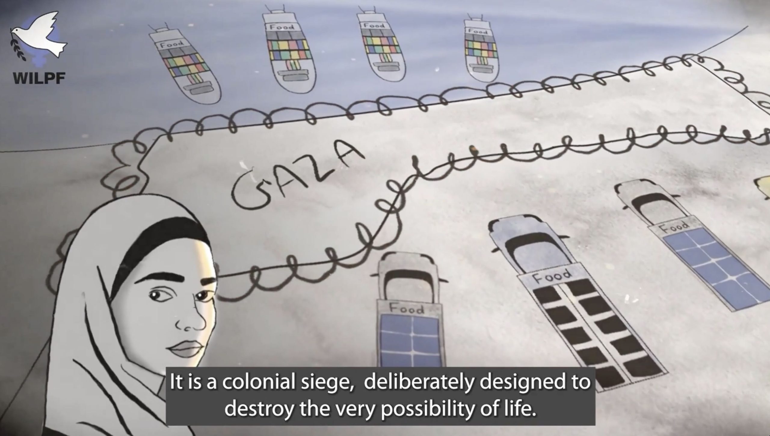 An illustration shows a woman’s face and supply trucks labeled “Food” blocked by barbed wire around Gaza. Above, phones display colored grids. Text at the bottom reads: It is a colonial siege, deliberately designed to destroy the very possibility of life.