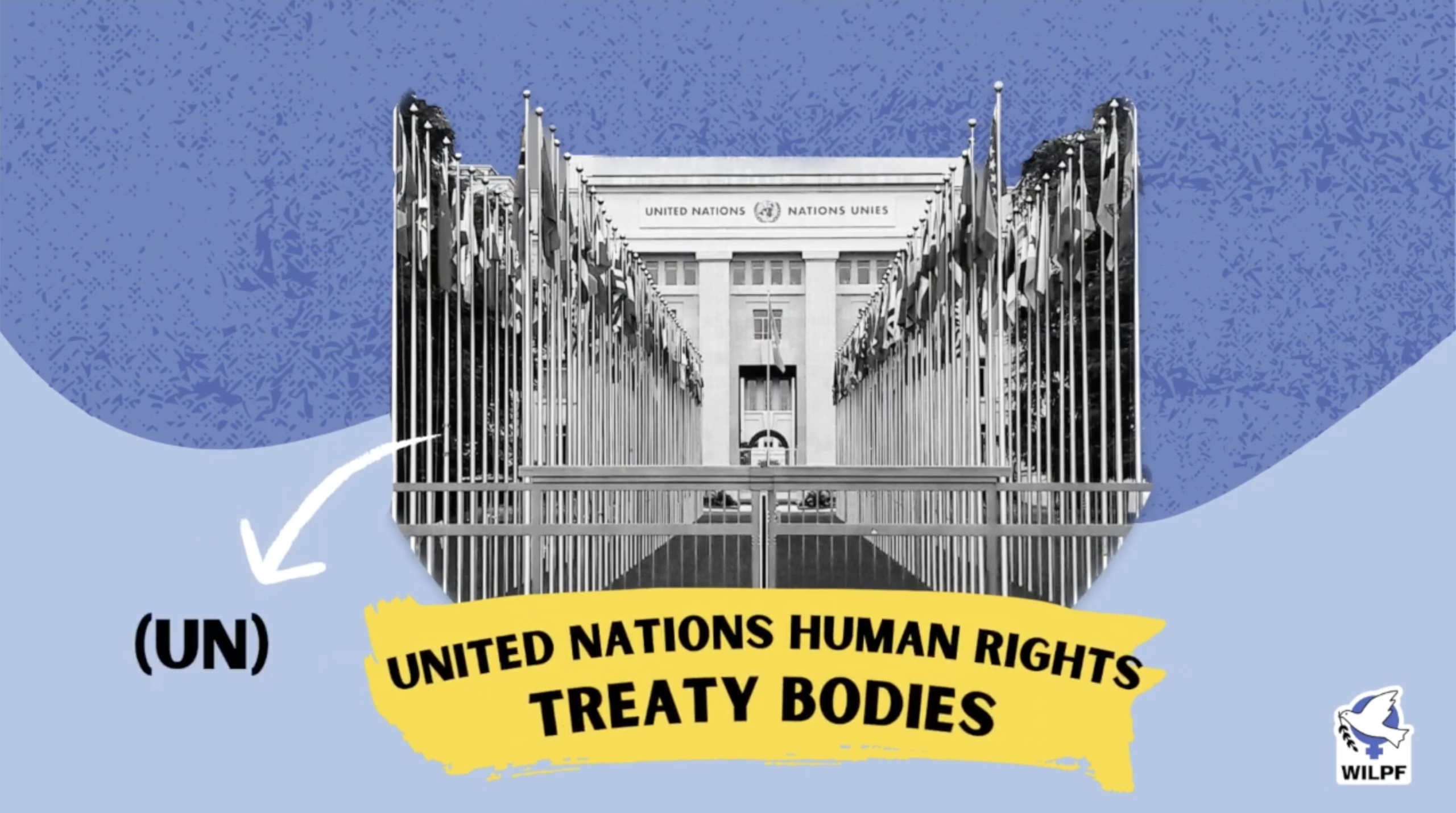 A row of international flags lines a pathway leading to a large UN building. Text reads: “United Nations Human Rights Treaty Bodies” with a small “(UN)” and a dove logo in the corner.