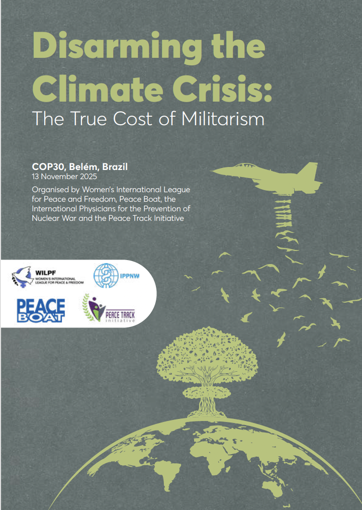 Event poster titled Disarming the Climate Crisis: The True Cost of Militarism with a jet dropping bombs that turn into a tree. Event details and organiser logos are also featured at the bottom.