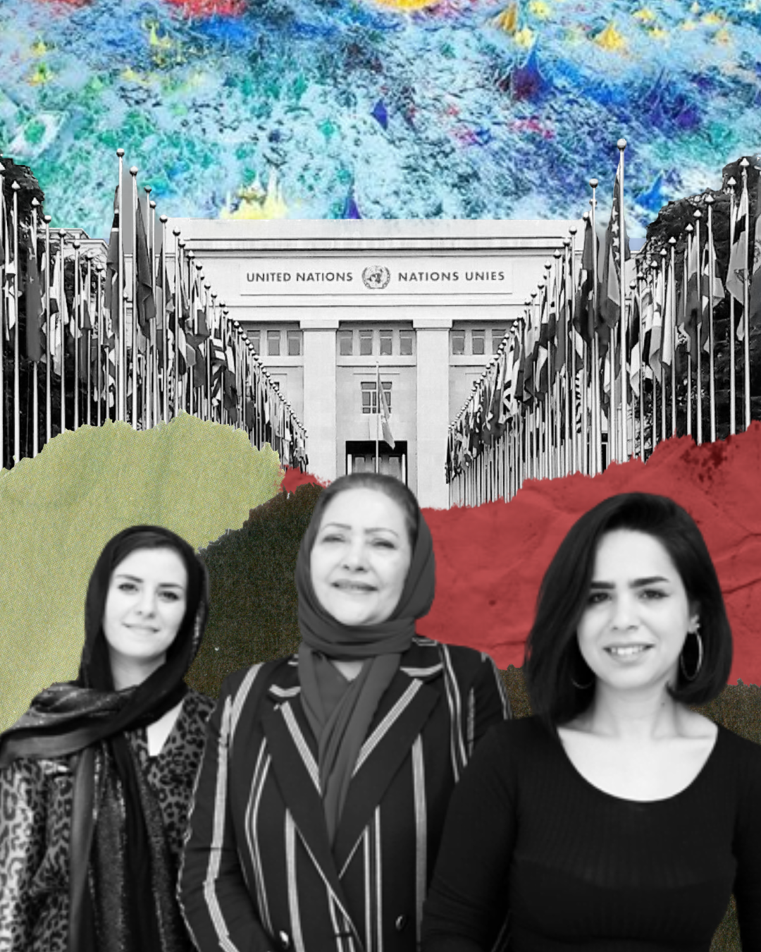 Three women stand in front of the United Nations building, with many country flags lining the path. The background features an abstract, colourful sky above collaged red and green textures.