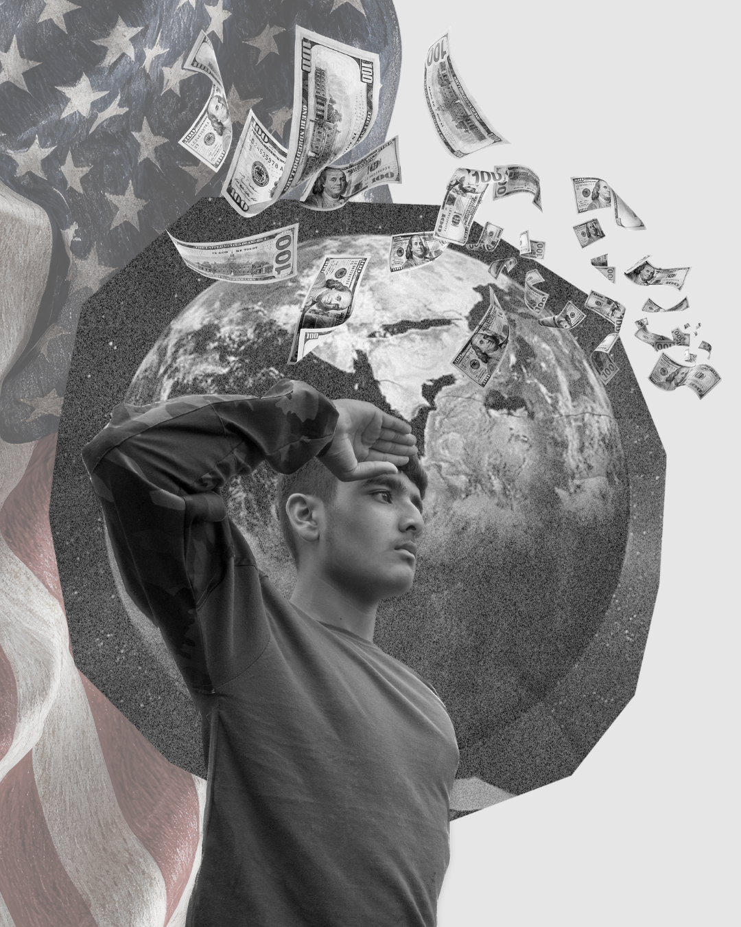 A man salutes in front of an American flag, with an image of Earth behind him. US dollar notes fly out from the globe, symbolising money flowing from the world, creating a dynamic, surreal scene.