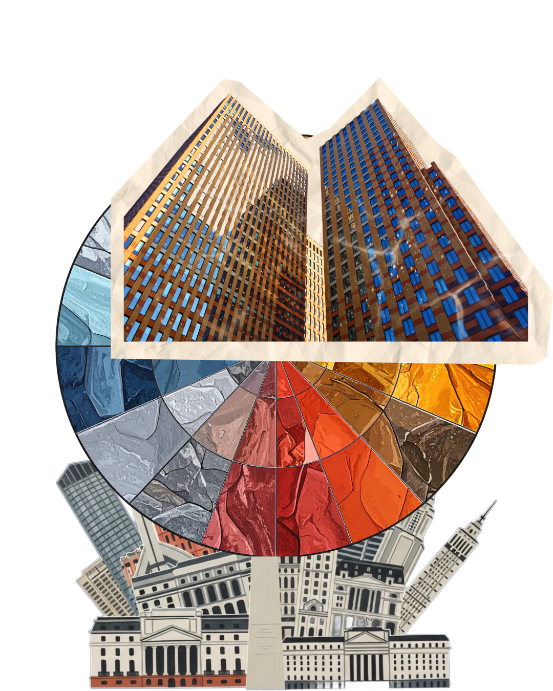 A collage featuring tall city buildings, an open book with skyscraper photos as pages, a colourful circular segment resembling stained glass, and additional architectural elements layered below.