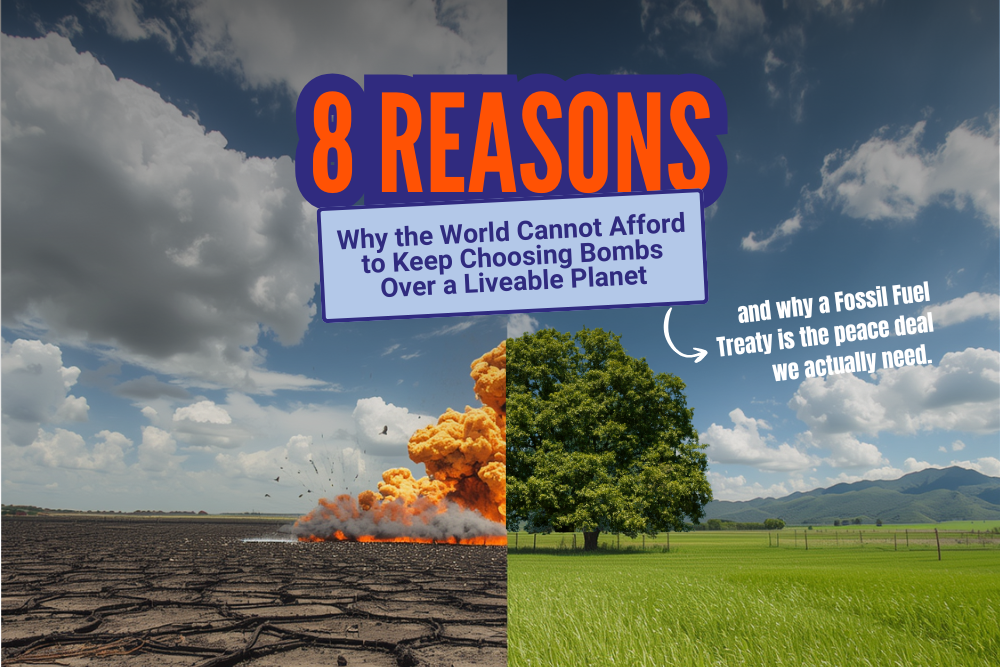 An image split in half: the left shows cracked, dry earth and an explosion; the right shows a green, grassy field with trees under a blue sky. Text reads, “8 reasons why the world cannot afford to keep choosing bombs over a liveable planet.”.