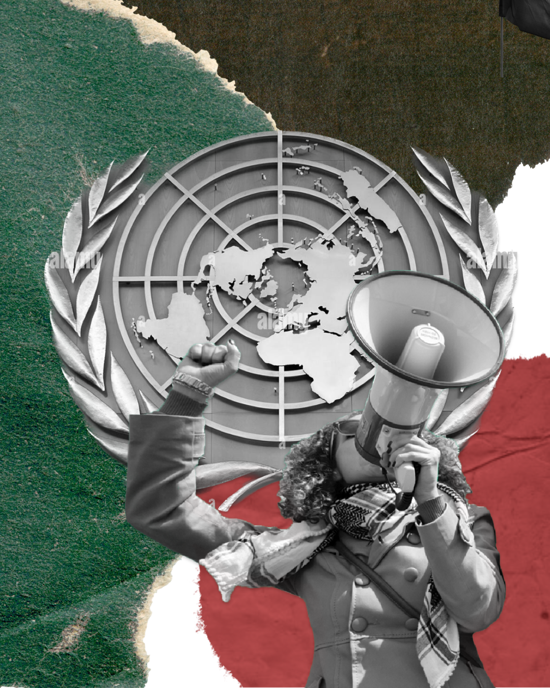 A black-and-white collage of a person raising a fist and speaking through a megaphone in front of a large United Nations emblem, with torn red and green textured backgrounds.