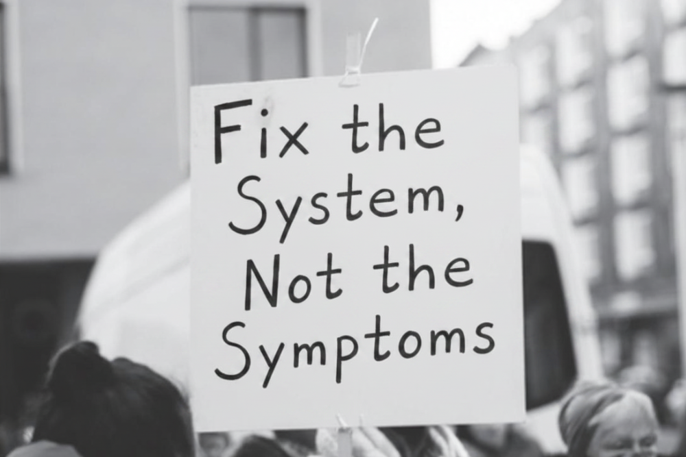 A protester holds a sign reading Fix the System, Not the Symptoms at a demonstration. The image is in black and white, with blurred buildings in the background.