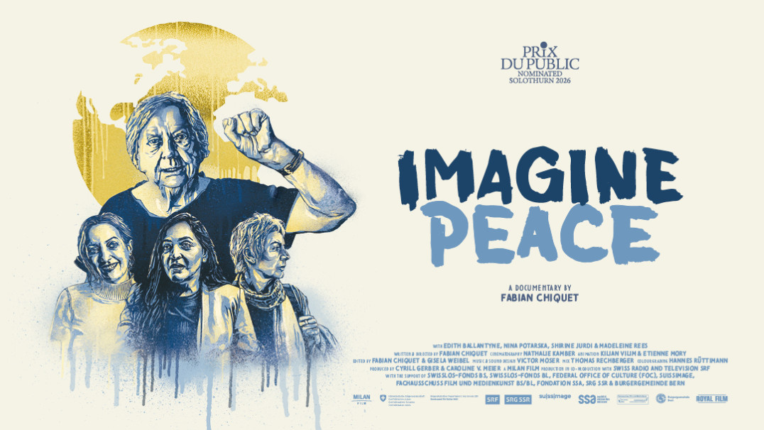 Poster for the documentary Imagine Peace shows illustrated portraits of four people, with one holding up a peace sign, set against a blue and yellow globe background and bold text reading IMAGINE PEACE.