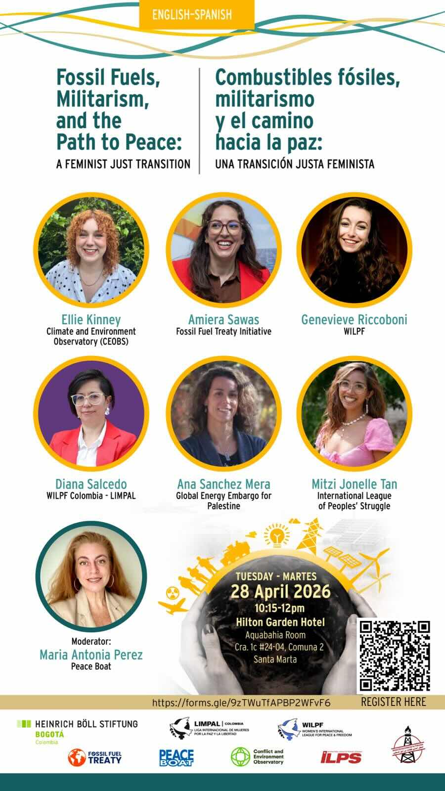 Bilingual leaflet for an event titled “Fossil Fuels, Militarism, and the Path to Peace: A Feminist Just Transition.” It features photos and names of six women speakers, event details, and partner organisation logos.