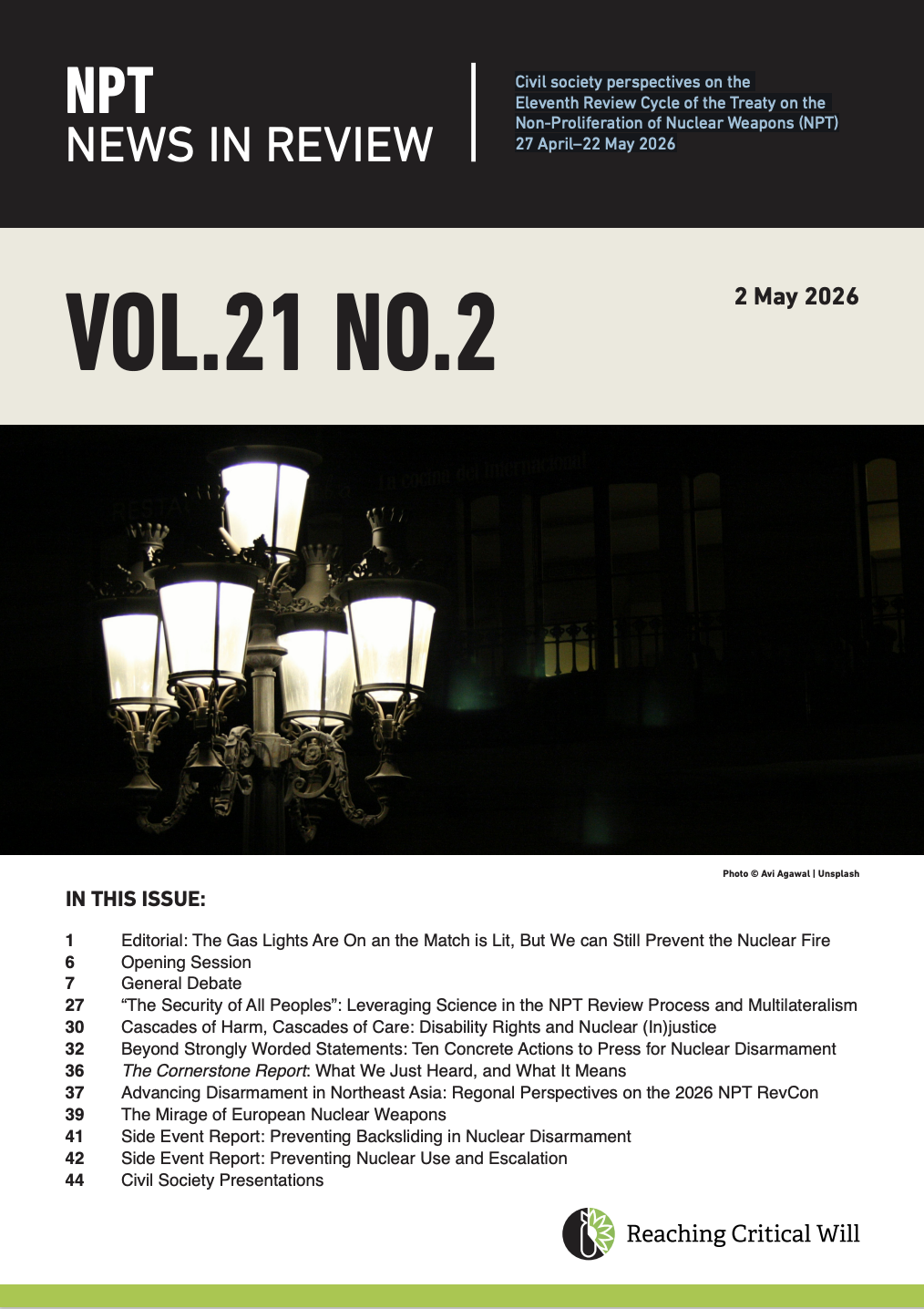 A newsletter cover titled NPT News in Review Vol.21 No.2, dated 2 May 2026, with a streetlamp image. The issue lists article titles on nuclear disarmament and policy. The Reaching Critical Will logo is at the bottom.