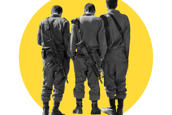 Yellow circle with the backs of three soldiers
